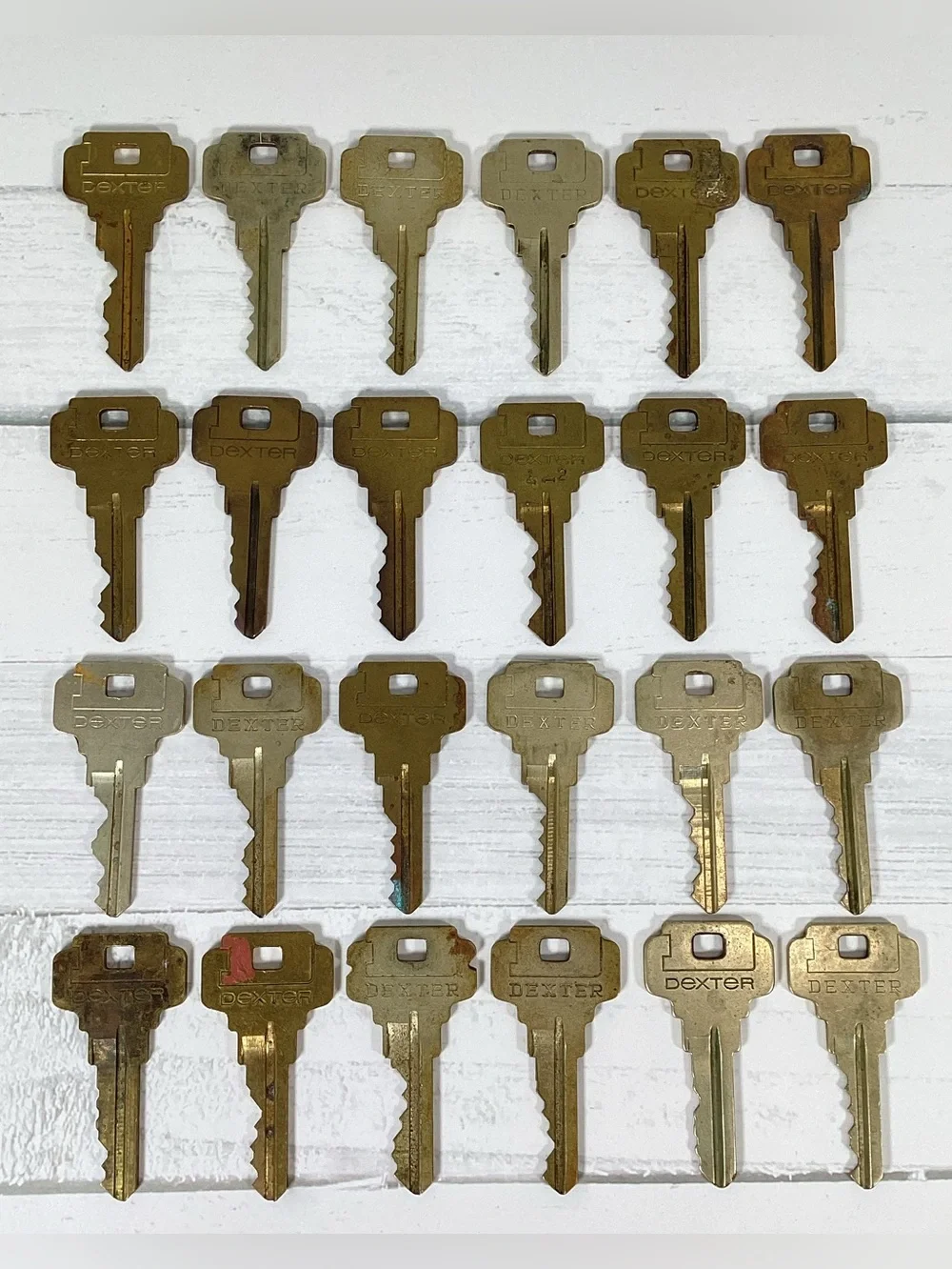 Lot 24 Vintage Brass Dexter Keys - Crafts Steampunk Collection Display Art